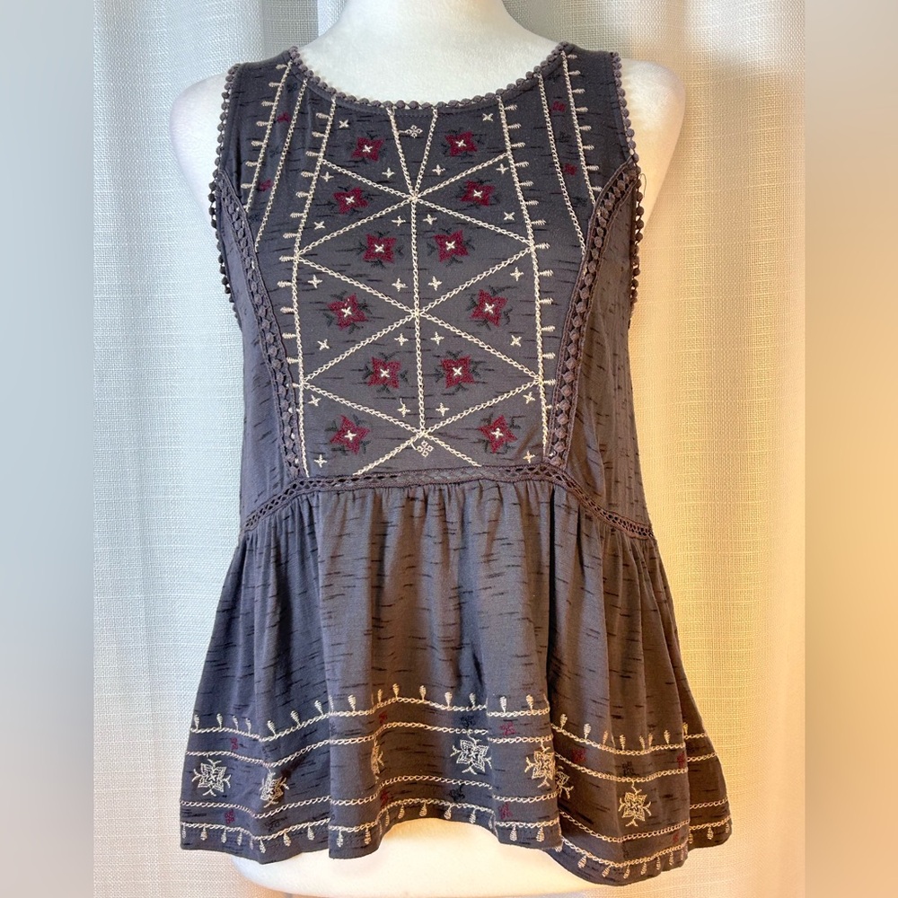 KNOX ROSE Women’s Gray Sleeveless Tank Embroidered Peplum Bohemian Top w5